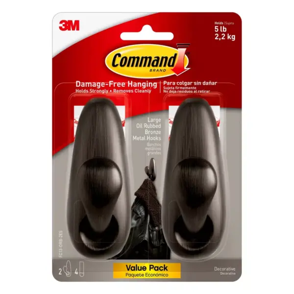 Command 2 Hooks 4 Strips Large Sized Forever Classic Metal Decorative Hook Oil Rubbed Bronze