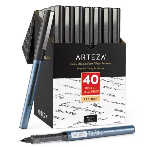 Arteza Roller Ball Pens, Black, 0.5 mm Needle Point - Pack of 40 (ARTZ-9292)