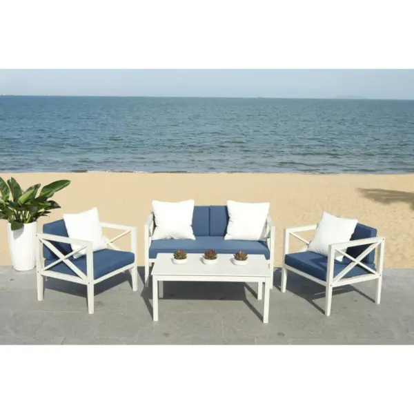 Nunzio 4pc Outdoor Set With Accent Pillows - White/Navy - Safavieh