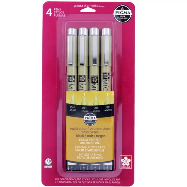 Sakura Pigma Micron 003/005 Pens, Black and Sepia, set of 4