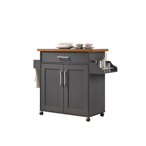 Hodedah Wheeled Kitchen Island Cart with Spice Rack and Towel Holder, Gray/Oak