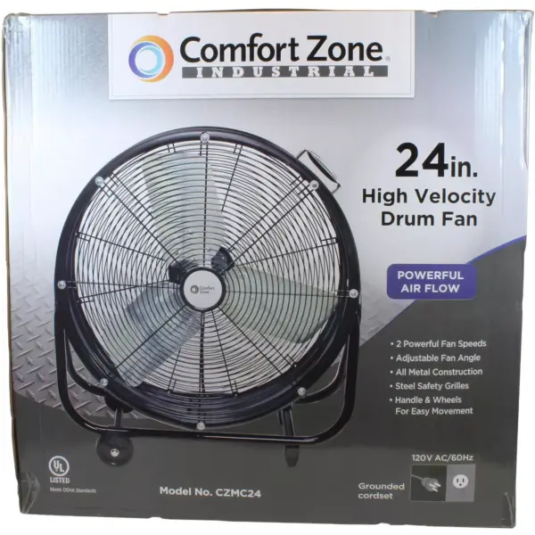 Comfort Zone High-Strength 24-Inch High-Velocity 2 Speed 180-Degree Adjustable Industrial Drum Cooling Fan in Black for Garage, Shop, or Office