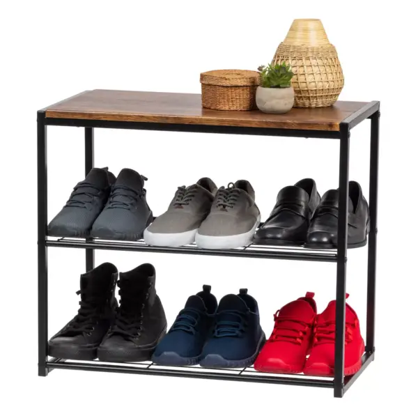 IRIS 3 Tier Shoe Storage Rack with Wood and Steel Shelf Black