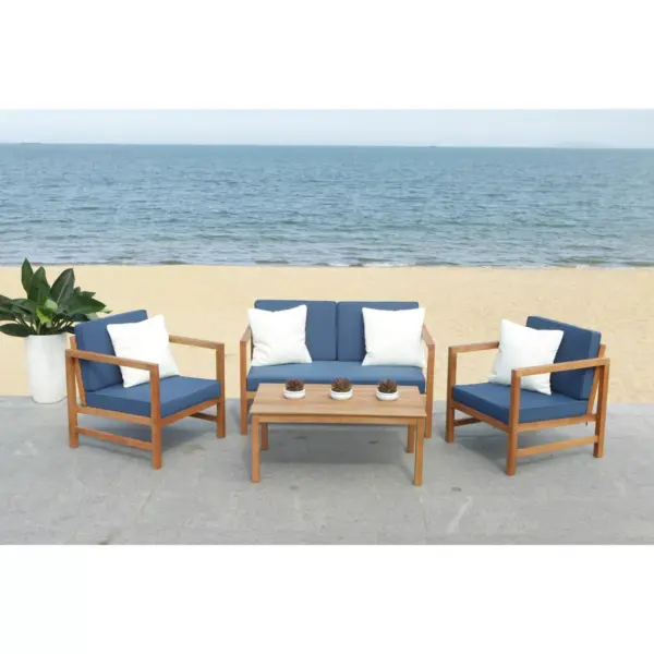 Montez 4pc Outdoor Set With Accent Pillows - Natural/Navy - Safavieh