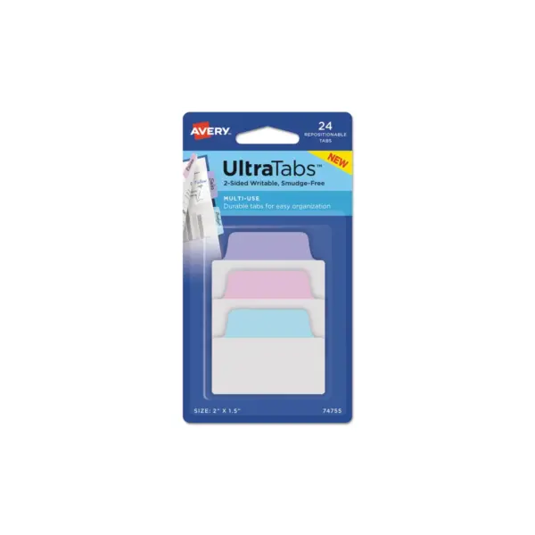 Avery Ultra Tabs Repositionable Tabs 2 x 1 1/2 Pastel: Blue Pink Purple 24/Pack 74755