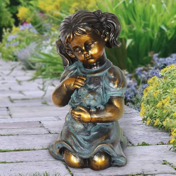 10.24" Resin Girl and Kitten Statue Bronze - Exhart