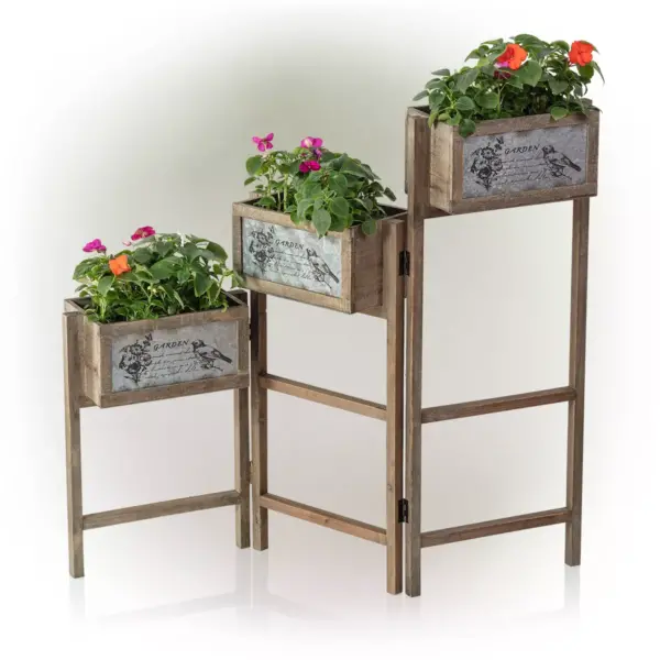 3 Tier Rectangular Wooden Plant Stand With Metal Plate - Alpine Corporation