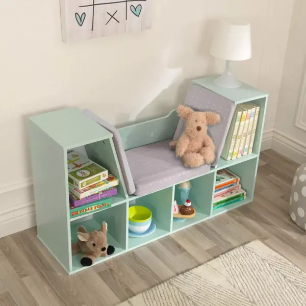 KidKraft Wooden Bookcase Storage Shelving Unit with Comfortable Cushioned Children's Reading Nook and 6 Storage Organizer Cubbies, Mint