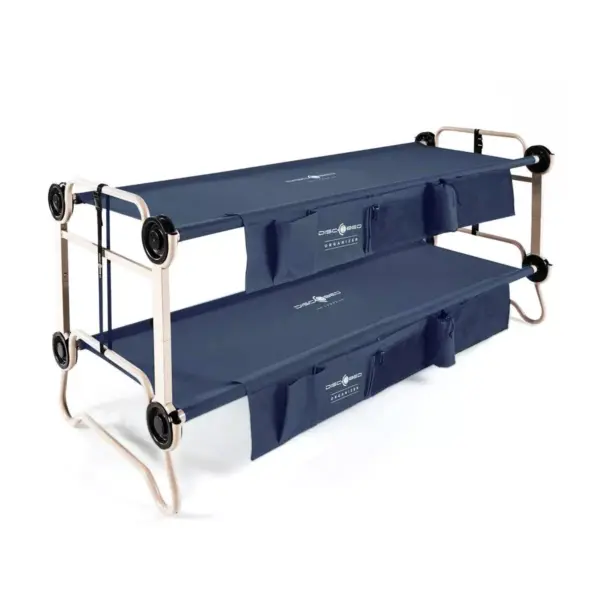 Disc-O-Bed Large Cam-O-Bunk 79 x 28 Inch Portable Folding Bunked Double Camping Cot Bed with 2 Organizers and 2 Carry Bags, Navy Blue