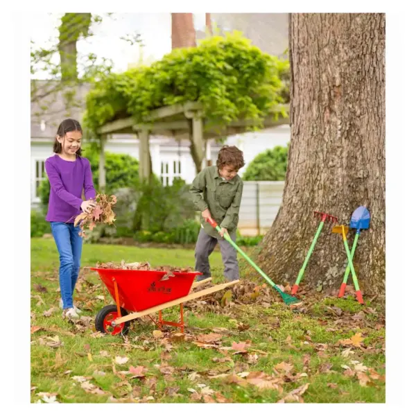 HearthSong - Kid's Red Garden Wheelbarrow with Wood Handles, Steel Braces and Solid Tire