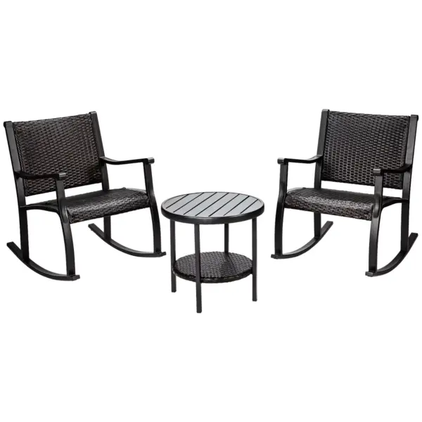 Costway 3PCS Patio Rattan Rocking Chair Bistro Set Coffee Table Storage Shelf