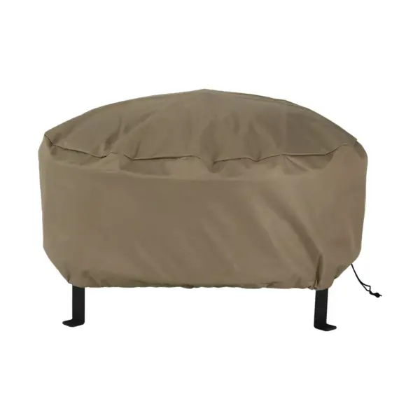 Sunnydaze Outdoor Heavy-Duty Weather-Resistant PVC and 300D Polyester Round Fire Pit Cover with Drawstring Closure - 58" - Khaki