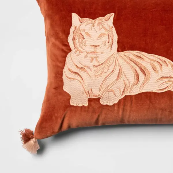 Oblong Oversize Tiger Embroidered Velvet Decorative Throw Pillow Bronze - Opalhouse™