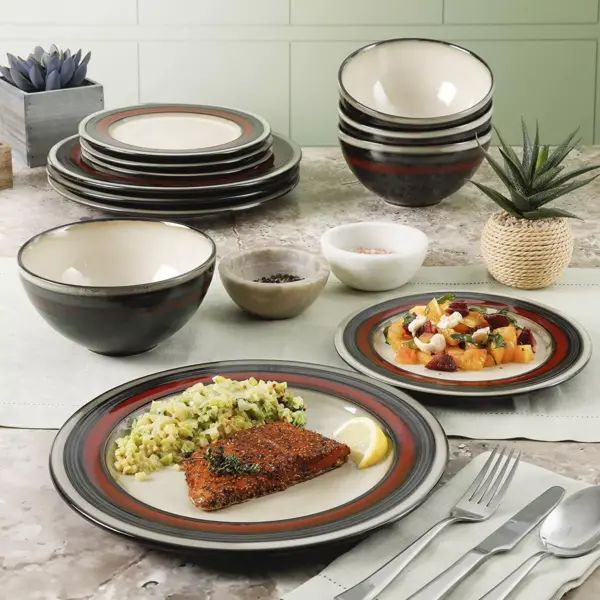 Gibson Elite Everston Complete 12 Piece Elegant Kitchen Stoneware Dinnerware Set with Multi Sized Plates and Bowls, Red/Gray