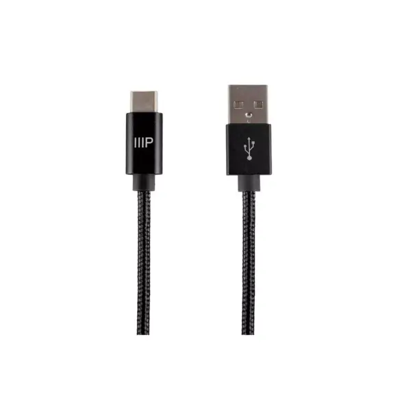 Monoprice USB 2.0 Type-C to Type-A Charge and Sync Nylon-Braid Cable - 10 Feet - Black, Up to 480Mbps, Fast Charging, Aluminum Connectors