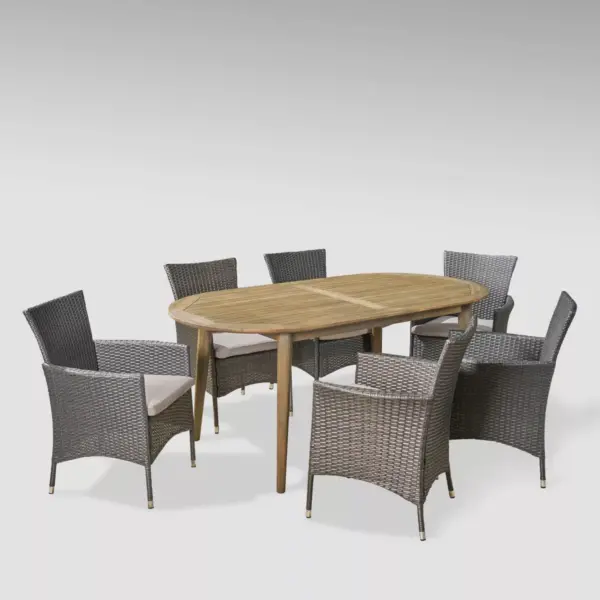 Stamford 7pc Acacia Wood and Wicker Dining Set - Gray/Silver - Christopher Knight Home