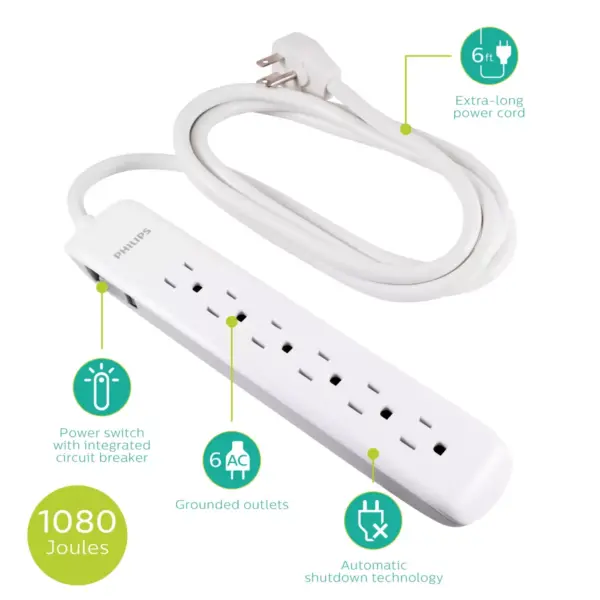 Philips 6-Outlet Surge Protector with 6ft Extension Cord, White