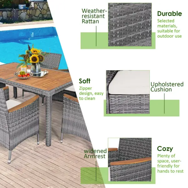 Costway 7PCS Patio Rattan Dining Set Acacia Wood Table Cushioned Chair Mix Gray