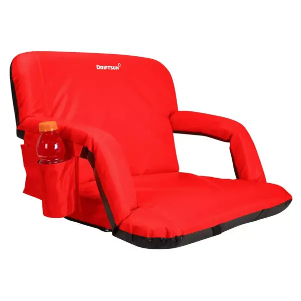 Driftsun Padded Folding Portable 6 Position Reclining Cushioned Stadium Seat Chair with Side Beverage Cup Holder and Backpack Carry Straps, Red