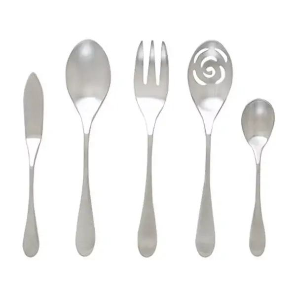 Knork 5 Piece Stainless Steel Dishwasher Safe Flatware Serving Set with Serving Spoon, Slotted Spoon, Sugar Spoon, Butter Knife, & Meat Fork, Silver