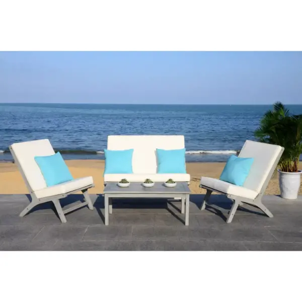 Chaston 4pc Outdoor Living Set With Accent Pillows - Gray Wash/White/Light Blue - Safavieh