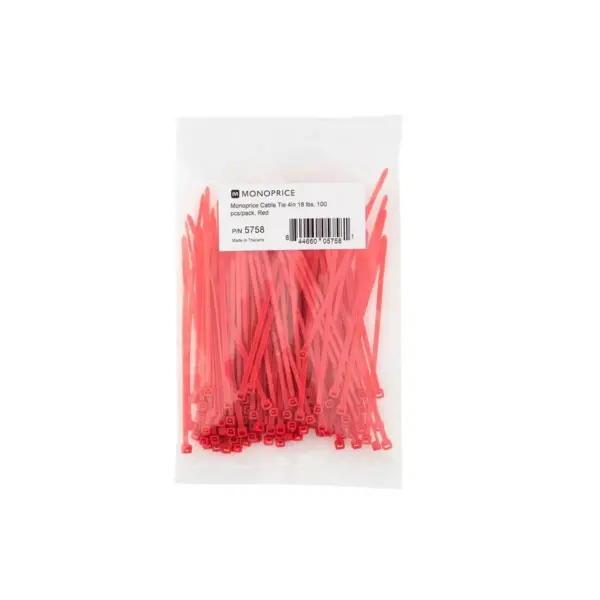 Monoprice 4-inch Cable Tie, 100pcs/Pack, 18 lbs Max Weight - Red