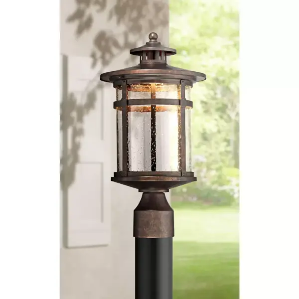 Franklin Iron Works Mission Post Light Fixture LED Bronze 15 1/2" Seeded Glass for Deck Garden Yard