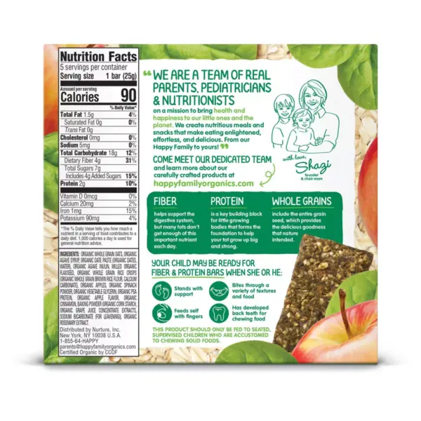 HappyTot Fiber & Protein Organic Apples and Spinach Soft-Baked Oat Bar - 5ct/0.88oz Each