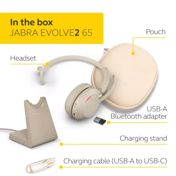 Jabra Evolve2 65 USB-A UC Mono with Charging Stand - Beige Wireless Headset / Music Headphones