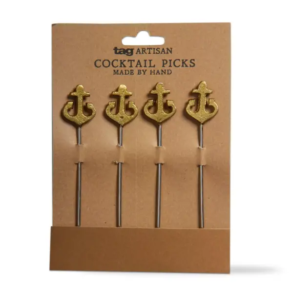 TAG Anchor Cocktail Pick Set Of 4 Stainless Steel With Gold Plated Finish Reusable