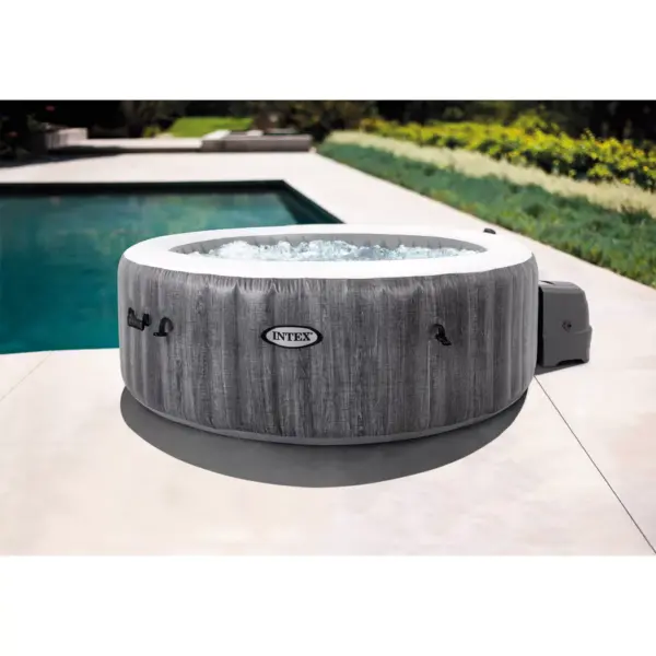 Intex 28439E Greywood Deluxe 4 Person Outdoor Portable Inflatable Hot Tub Spa with Multi-Color LED Light, Foam Headrests, and 140 Bubble Jets, Gray