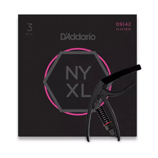 D'Addario NYXL0942 Super-Light 3-Pack Electric Guitar Strings and NS Reflex Capo Black