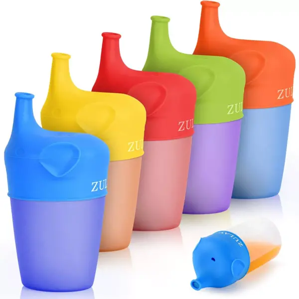 Zulay Silicone Sippy Cup Lids (5 Pack) - BPA Free & Food Grade Spill-Proof Silicone Sippy Cup Covers With Soft Spout - Stretchable Silicone Cup Lids For Toddlers, Infants, Babies