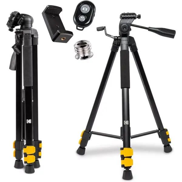 KODAK PhotoGear 62" Tripod with Remote | Compact 3-Section Flip-Lock Aluminum Tripod Adjusts 22”-62”, QuickRelease Plate, Smartphone Adapter & 1/4” to 3/8” Screw, Bubble Level, Carry Case, & E-Guide