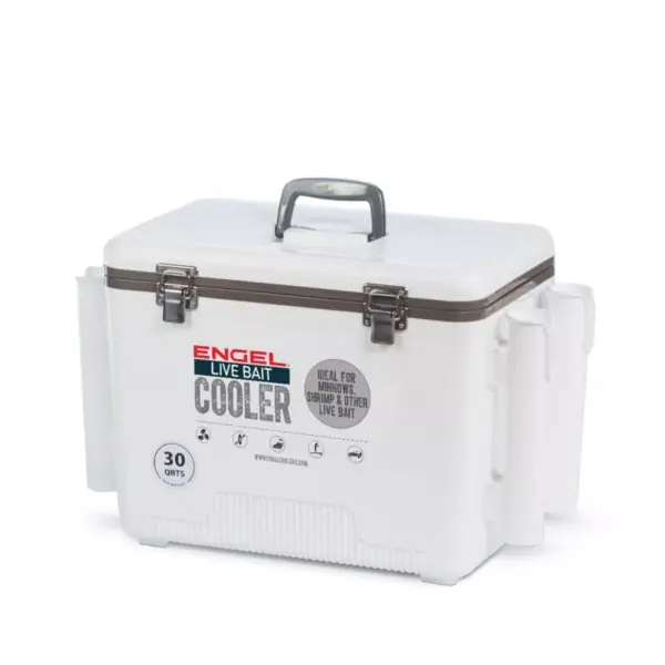 Engel 30 Quart Insulated Live Bait Fishing Dry Box 48 Can Hard Airtight Cooler with Water Speed Aerator Pump, Removable Pull Net and 4 Rod Holders