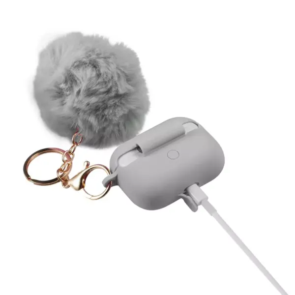 Insten Fluffy Pom Pom Case For Airpods Pro, Silicone Carry Case with Keychain & Anti-Lost Strap, Soft Touch Protective Skin Cover, Gray