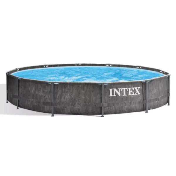 Intex 26749ST 12 Foot x 30 Inch Round Steel Frame Above Ground Pool Set with Filter Cartridge Pump & Pool Liner, Protective Canopy, Gray Woodgrain