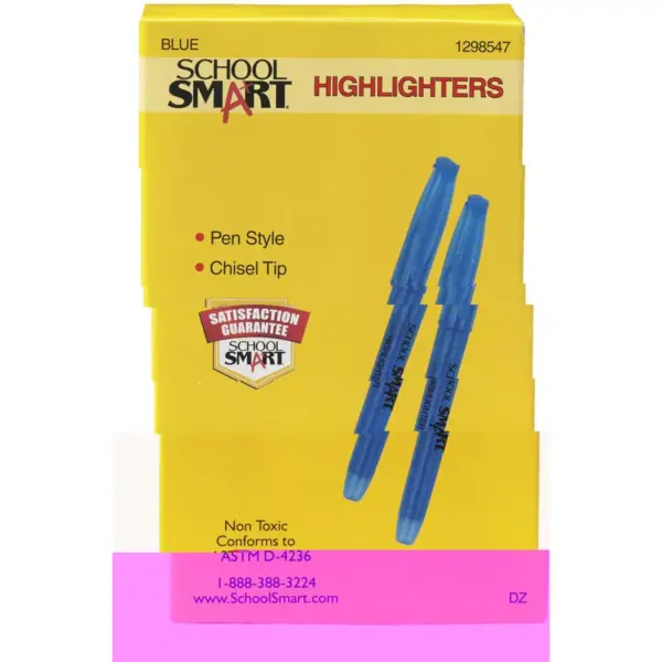 School Smart Pen Style Highlighter, Chisel Tip, Blue, pk of 12