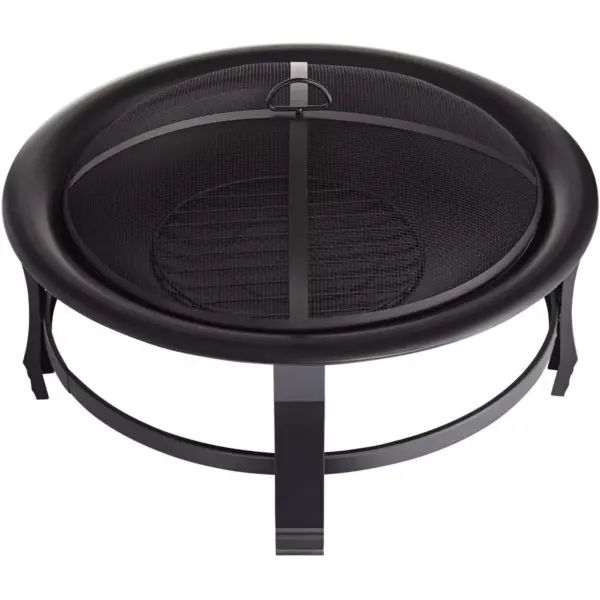 John Timberland Black Outdoor Fire Pit Round 30" Steel Wood Burning with Spark Screen and Fire Poker for Outside Backyard Patio Camping