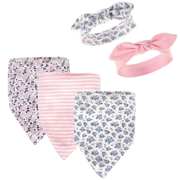 Hudson Baby Infant Girl Cotton Bib and Headband Set 5pk, Classic Floral, One Size