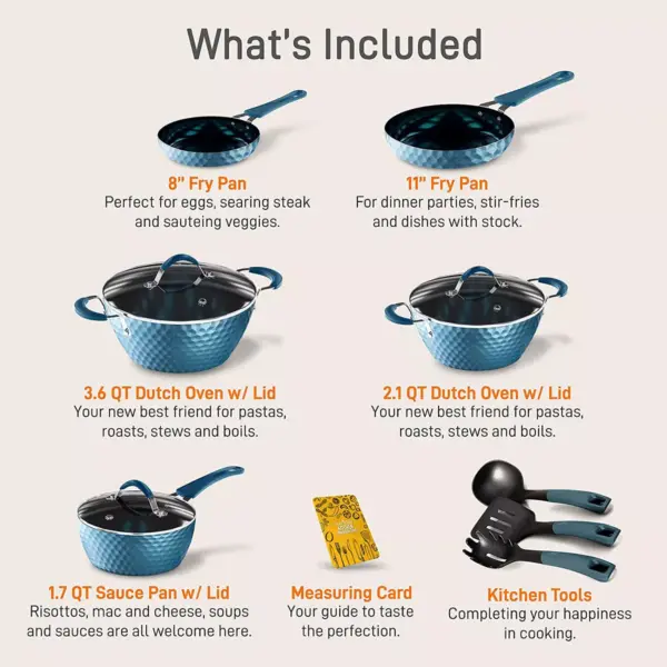 NutriChef NCCW11BD 22 Piece Nonstick Ceramic Coating Diamond Pattern Kitchen Cookware Pots and Pan Set with Lids and Utensils, Royal Blue