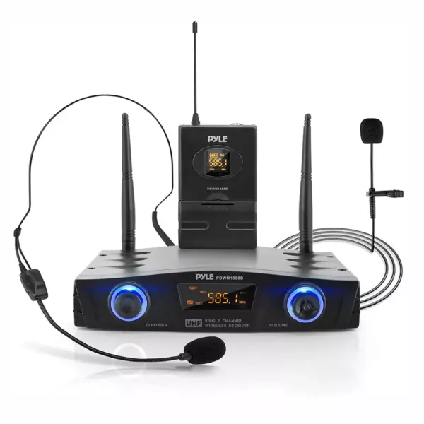 Pyle PDWM1988B Compact Wireless Portable PA Microphone Receiver Base System with Belt Pack Transmitter, Lavalier and Headset Microphones, Black