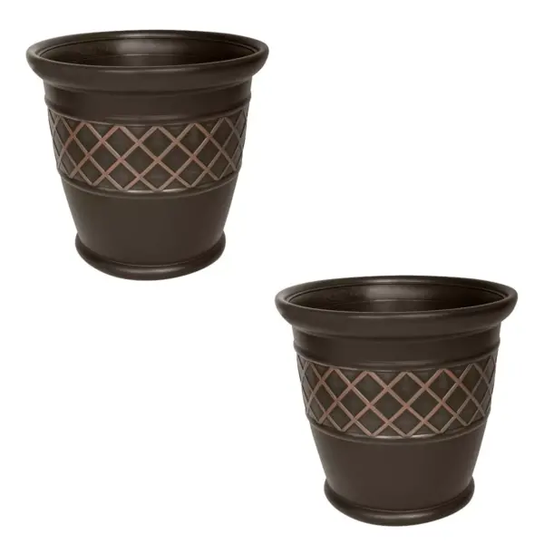 Suncast Atlin 18 Inch Resin Round Decorative Flower Pot Planter, Java (2 Pack)