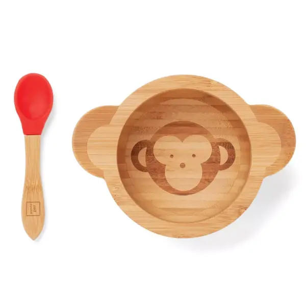 Red Rover 12oz 2pc Bamboo Kids Monkey Suction Base Dining Bowl with Spoon