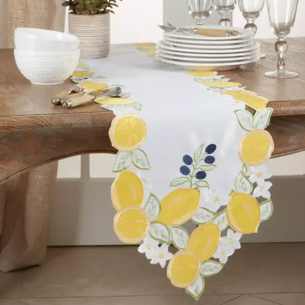 70" x 15" Polyester Lemon Cutwork and Embroidery Table Runner Yellow - Saro Lifestyle