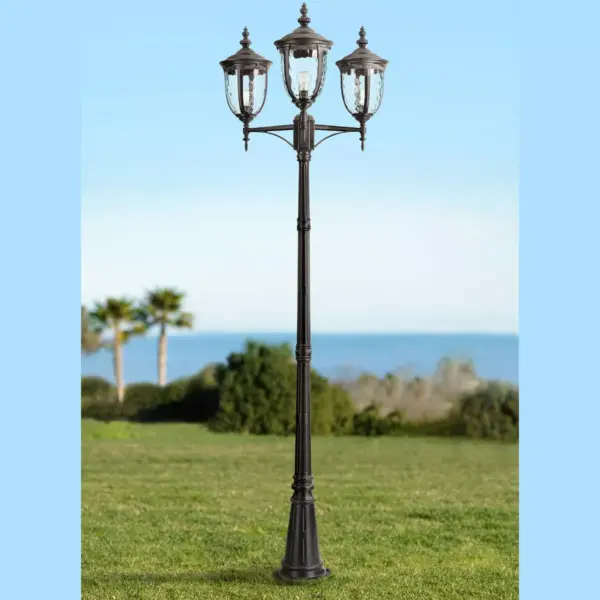 John Timberland European Outdoor Light Post Street Lantern 3 Light Texturized Black 96" Clear Hammered Glass for Exterior Yard Walkway