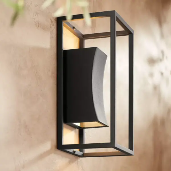 Possini Euro Design Modern Outdoor Wall Light Fixture LED Textured Black Box 14" Sanded Glass Up Down for House Porch Patio Deck