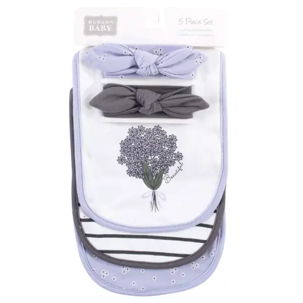 Hudson Baby Infant Girl Cotton Bib and Headband Set 5pk, Periwinkle, One Size