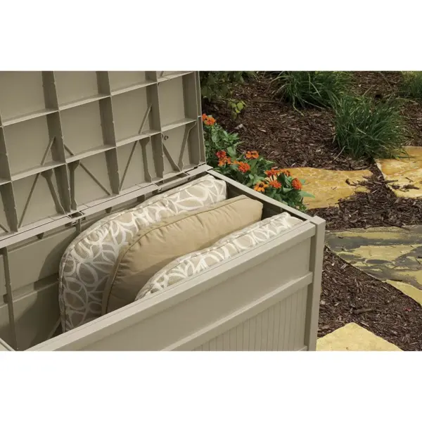 Suncast DB5000 50 Gallon Outdoor Storage Stay Dry Resin Patio Deck Box, Taupe