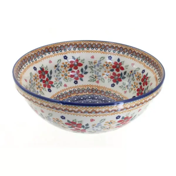 Blue Rose Polish Pottery Red Daisy Large Serving Bowl